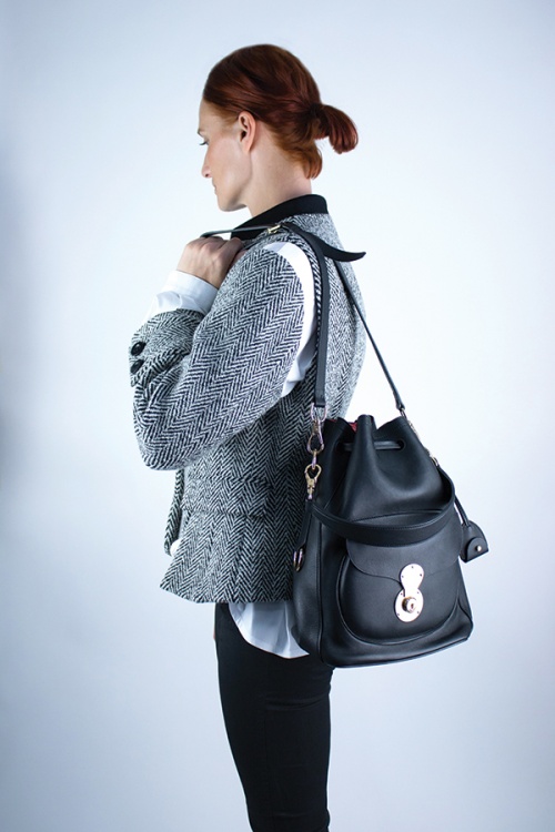 Jacket by Sacai and bucket bag by Ralph Lauren